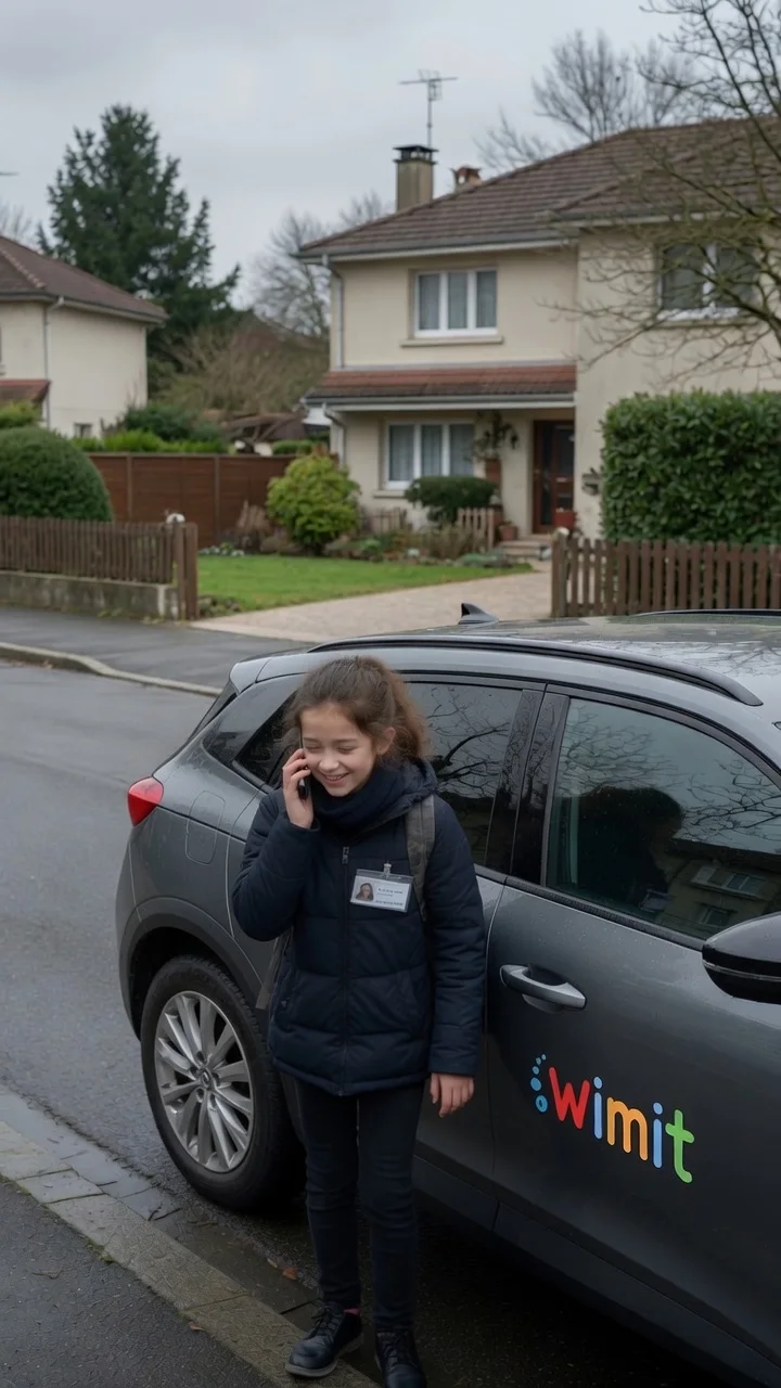Conductrice près d’un véhicule WIMIT dans un quartier résidentiel