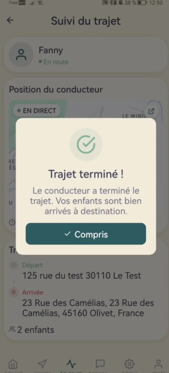 Écran WIMIT confirmant qu’un trajet est terminé et que les enfants sont arrivés